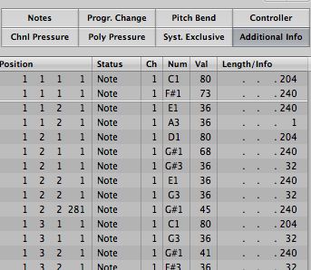 midi data in the event list